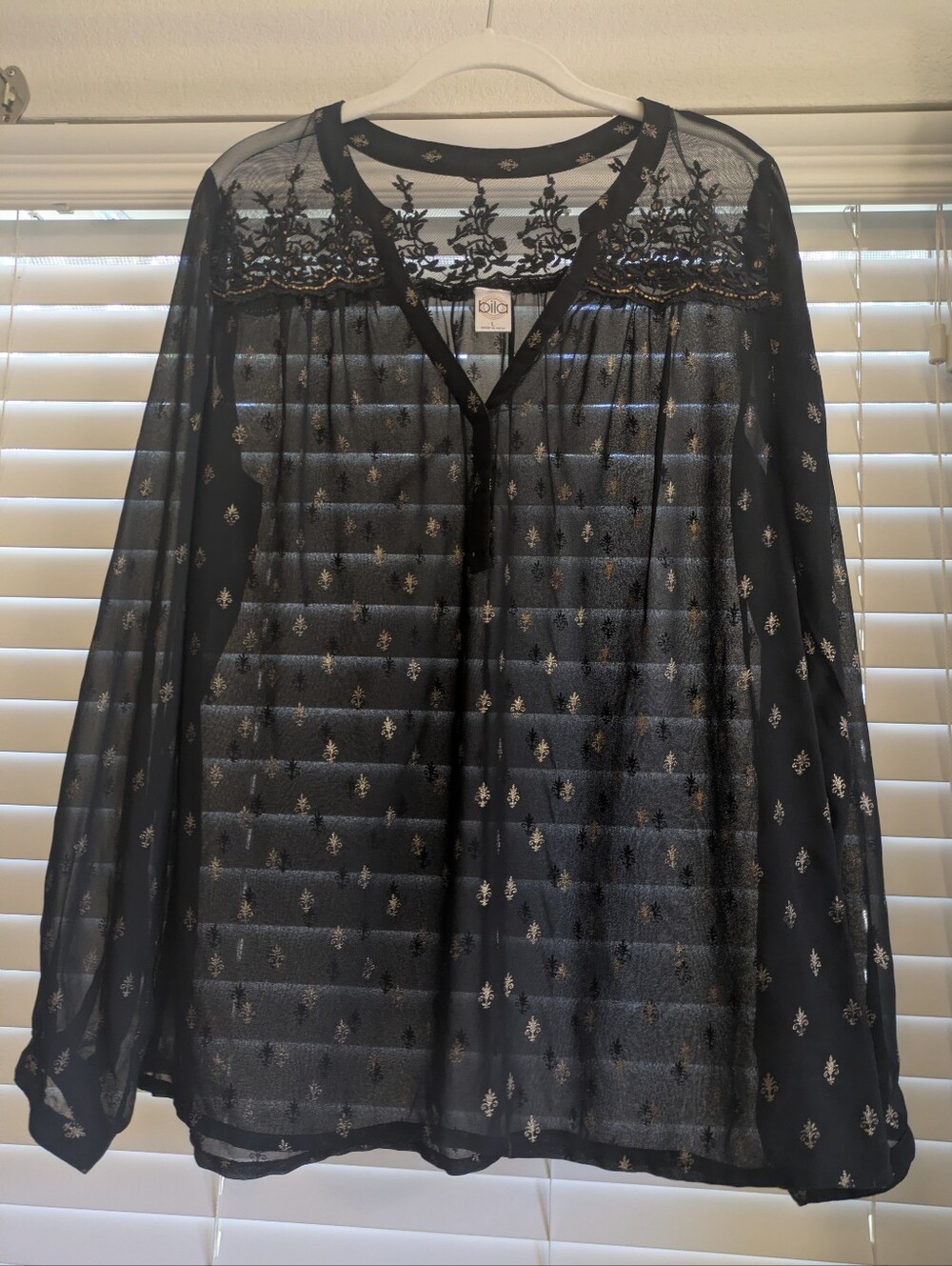 Bila Black Sheer Blouse with Gold Embroidery